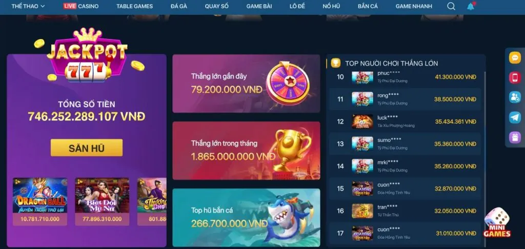 Hình ảnh các máy slot game (Nổ Hũ) với giải thưởng jackpot lớn